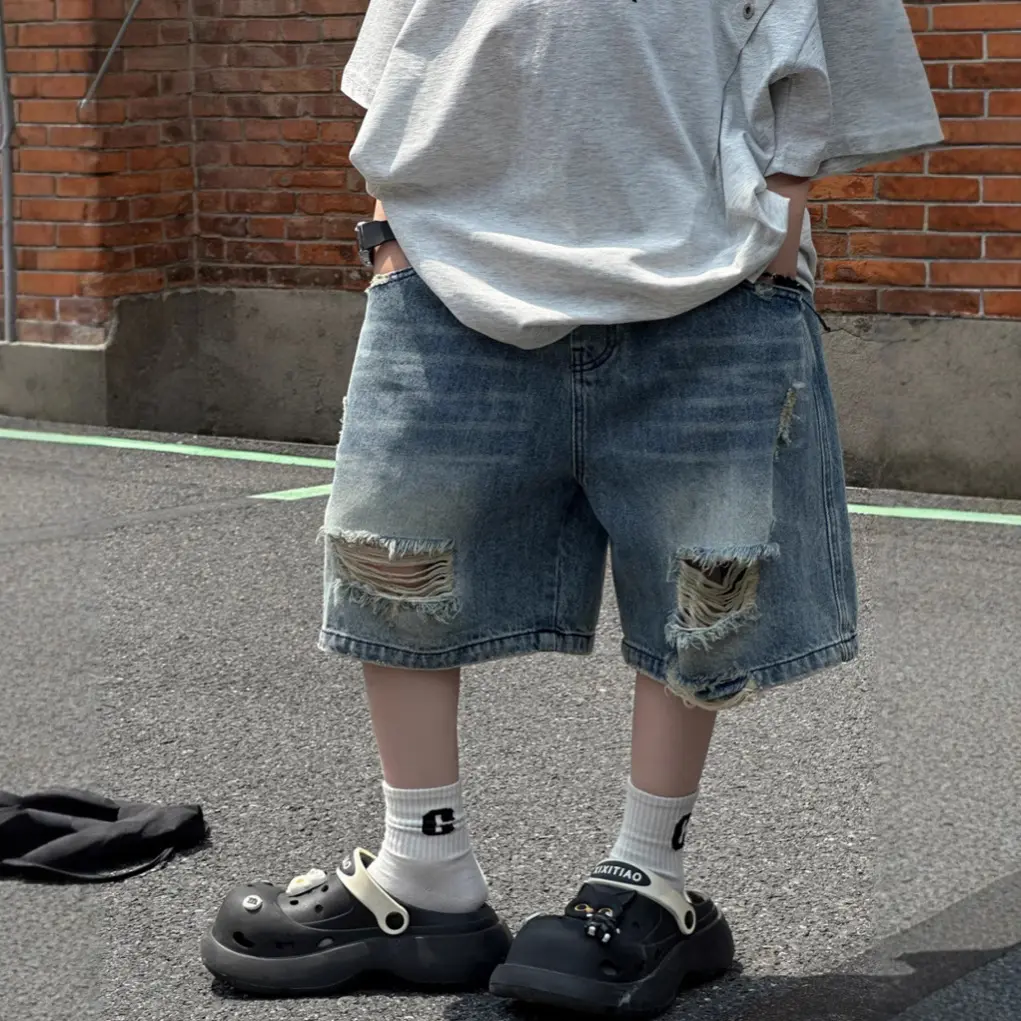 貌貌妈家2025夏季新款儿童破洞牛仔中裤5分裤男童洋气牛仔短裤潮