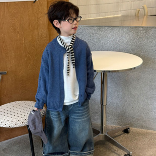 貌貌妈家2025秋季新款儿童韩版慵懒休闲针织开衫男童纯色针织上衣