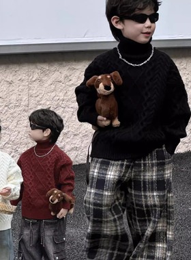 貌貌妈家麻花高领毛衣冬季新款韩版男女童百搭加厚针织毛衣儿童潮