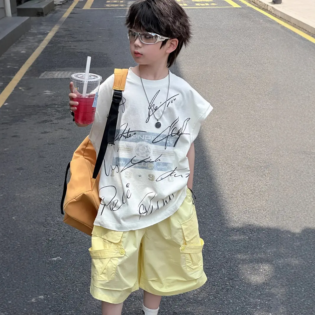 貌貌妈家韩版童装2025夏季新款儿童手绘无袖T恤纯棉坎肩男童背心