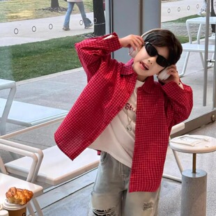 貌貌妈家2025秋季新款韩版男女童美式格子长袖衬衫儿童百搭外套潮