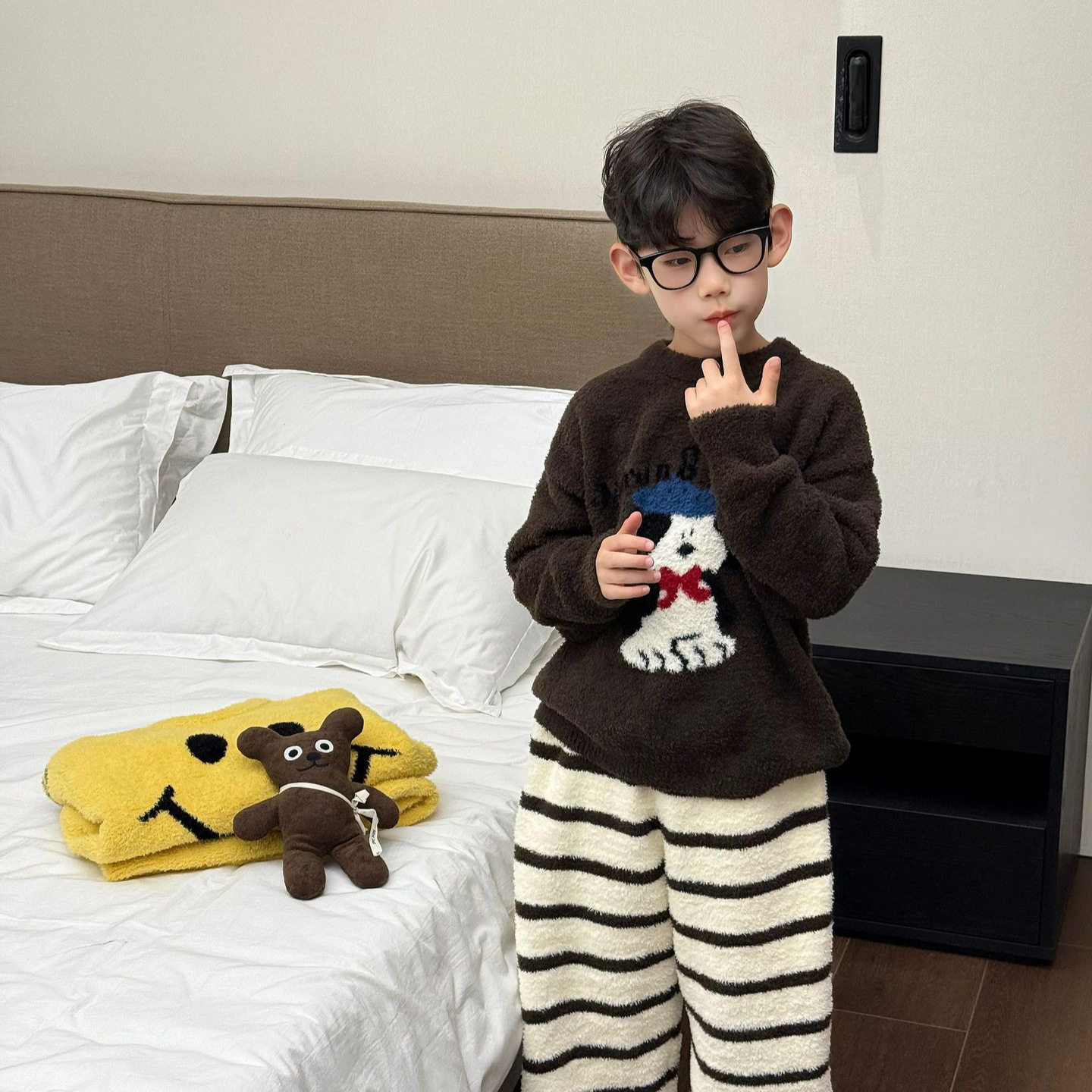 男童加厚卡通半边绒居服套装睡衣