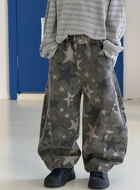 貌貌妈家男童牛仔裤春季韩版童装2026新款儿童宽松弯刀裤满印长裤