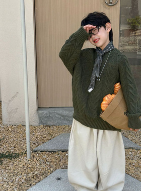 貌貌家2025冬季新款儿童韩系加厚圆领麻花慵懒保暖毛衣男童针织衫