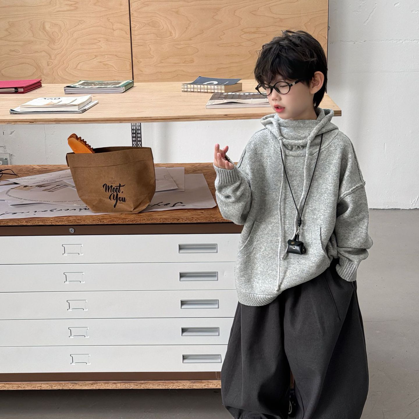 男童加厚慵懒针织帽衫厚实毛衣潮