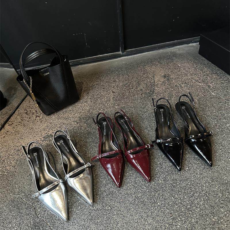 2025新款尖头中跟鞋女一字带皮带扣低跟包头气质凉鞋单鞋,女鞋,浅口单鞋,淘宝优惠券,粉丝福利购,淘宝优惠卷