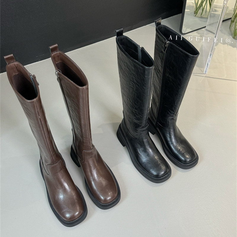 纯色百搭侧拉链时装靴女2024春秋新款外穿舒适厚底增高中跟长筒靴,女鞋,时装靴,淘宝优惠券,粉丝福利购,淘宝优惠卷