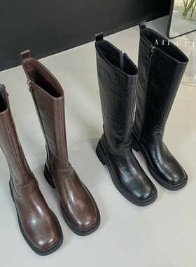 纯色百搭侧拉链时装靴女2024春秋新款外穿舒适厚底增高中跟长筒靴