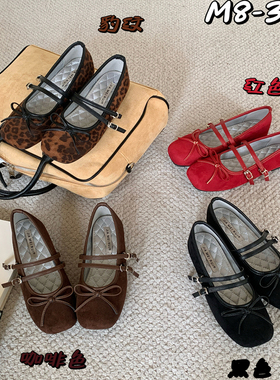 2025新款法式复古圆头一字带玛丽珍鞋百搭平底蝴蝶结绒面芭蕾舞鞋