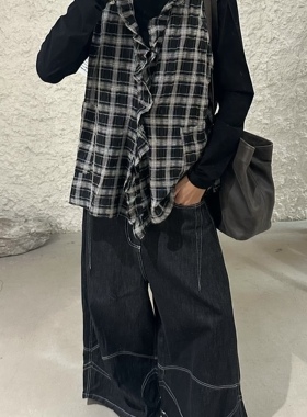 UNTime 2026春季新款韩国宽松百搭设计款复古格子无袖马甲女背心