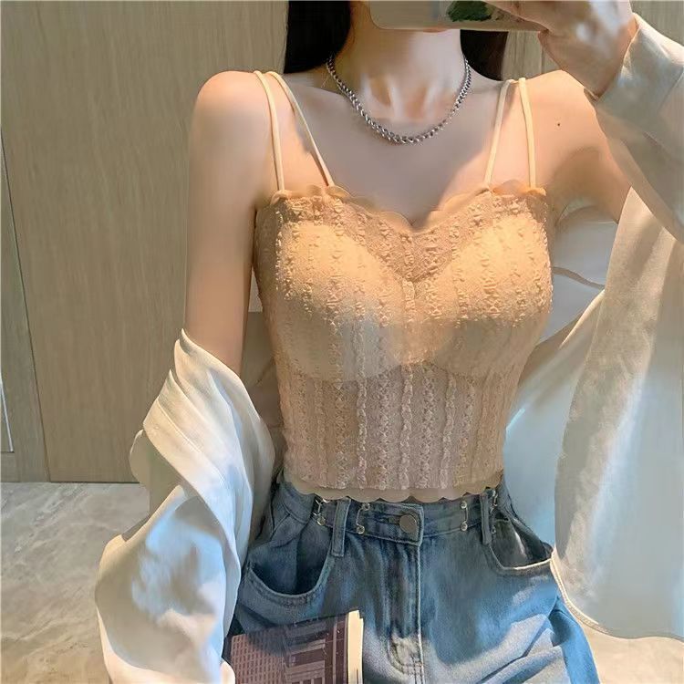 辣妹性感蕾丝吊带背心带胸垫女外穿修身打底裹胸美背内衣上衣