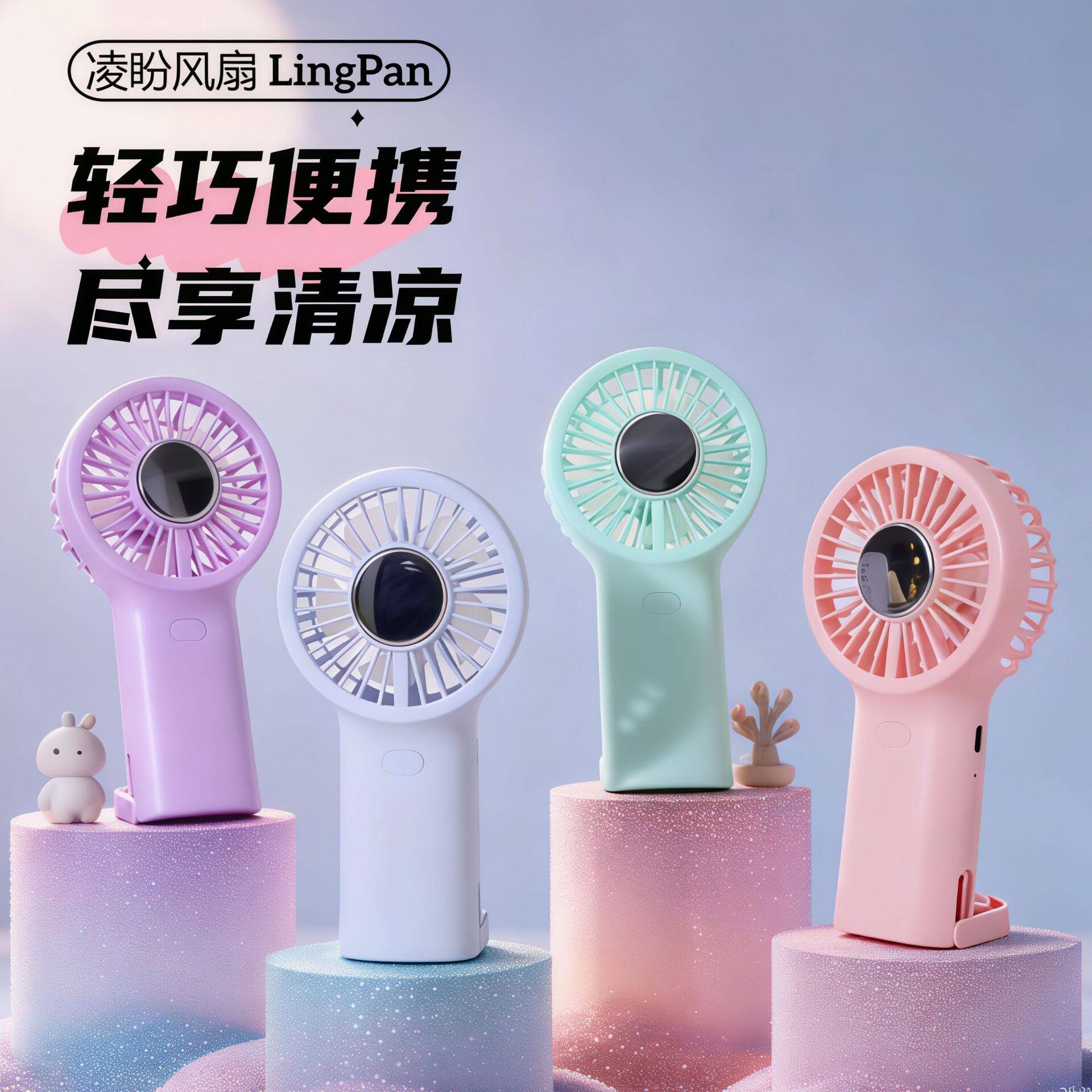 可爱卡通usb充电手持提环风扇户外小型便携三档大风力桌面小风扇
