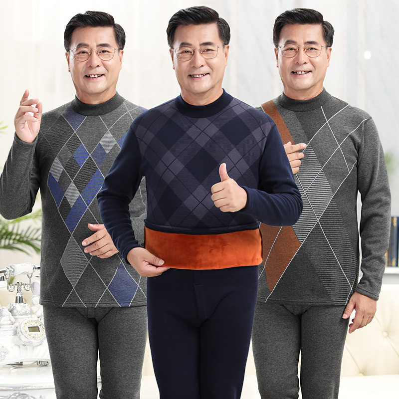 中老年男士保暖内衣套装爸爸加绒加肥大码老人秋衣秋裤男冬季防寒