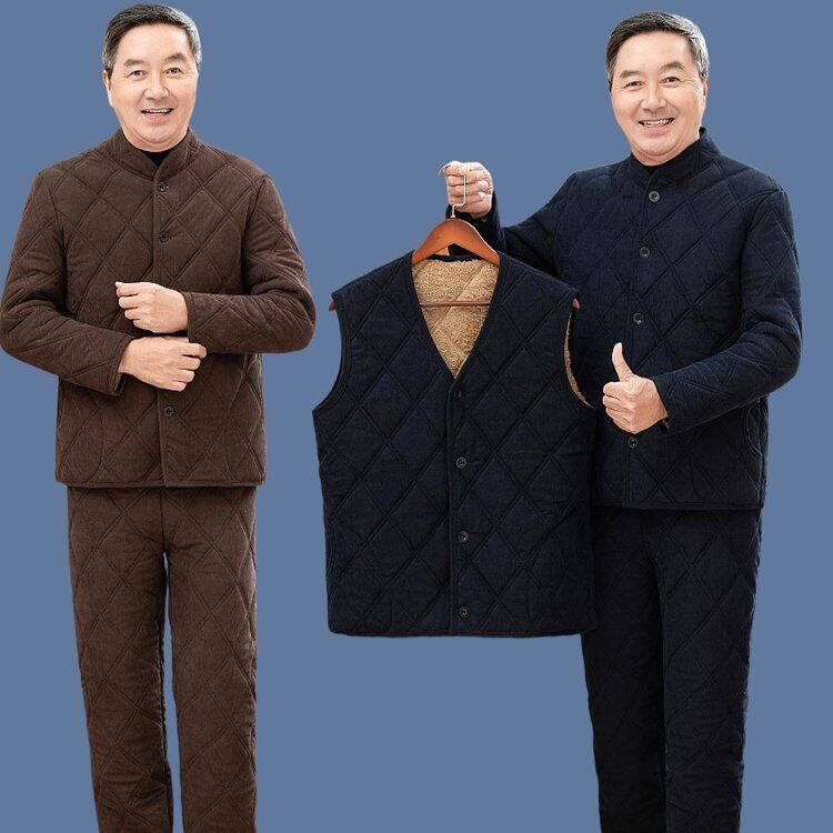 冬季爸爸棉衣棉裤套装男中老年加绒加厚老人棉服加绒绒保暖小棉袄