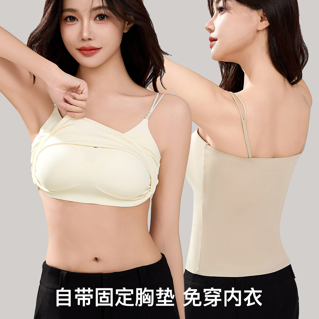 冰丝长款吊带背心女无钢圈一体式山茶花香氛珍珠吊带背心女