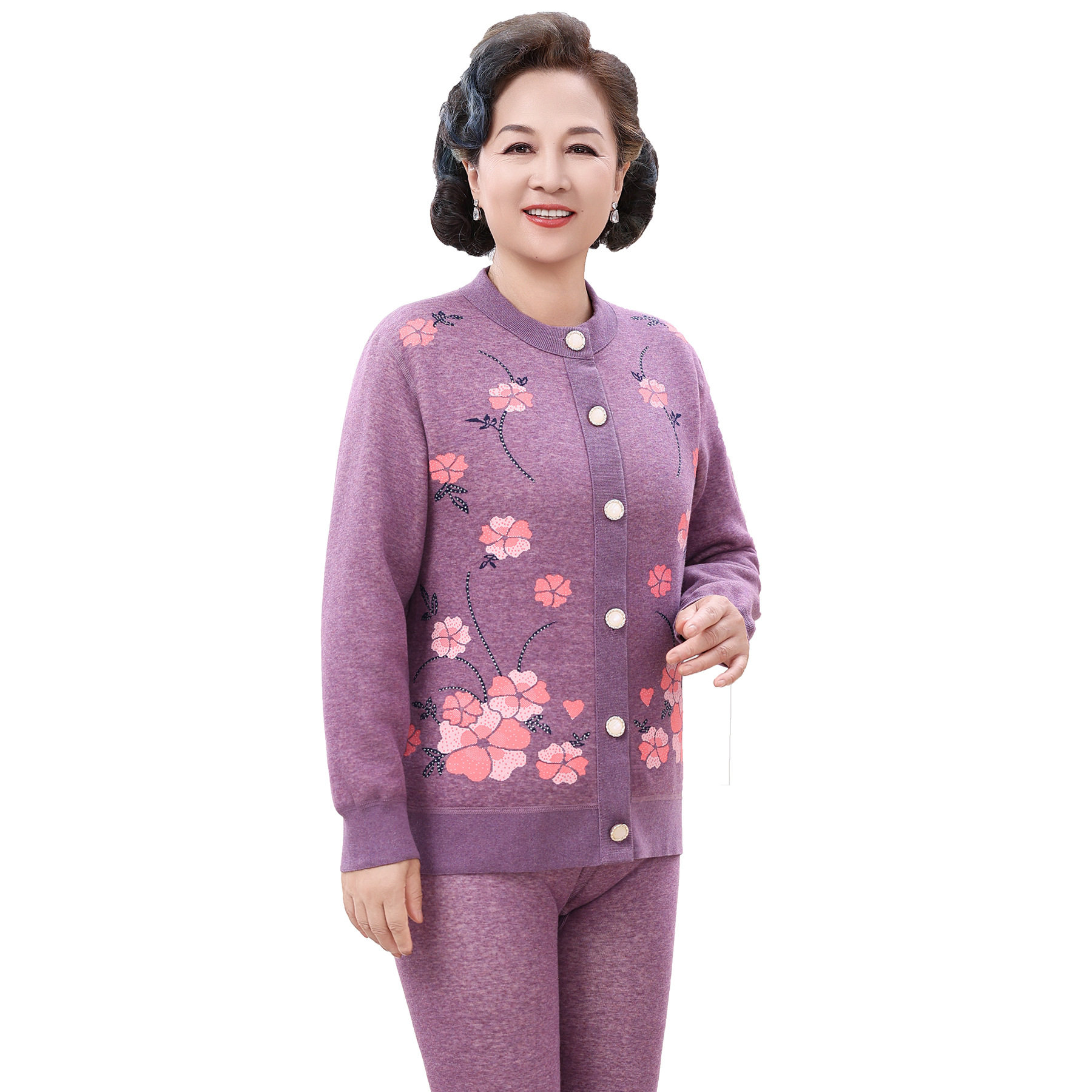 中老年人女装开襟加绒加厚保暖内衣两件套妈妈奶奶开衫可外穿秋冬