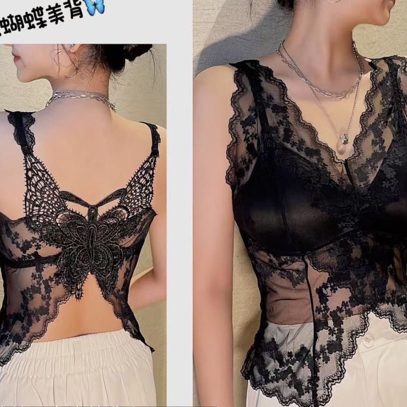 欧美蝴蝶美背无痕吊带背心带胸垫一体式夏季蕾丝内衣