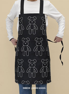 潮流可爱INS暴力熊厨房家用防油防污棉麻围裙咖啡烘焙黑工作围腰