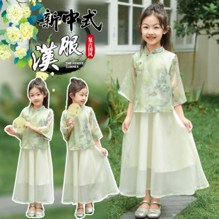连衣裙儿童国风新中式 女童汉服夏装 洋气大童短袖 2026新款 裙子 套装