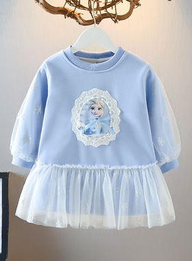 2025秋冬女宝宝加绒保暖卫衣裙小女孩冰雪奇缘Elsa甜美网纱公主裙