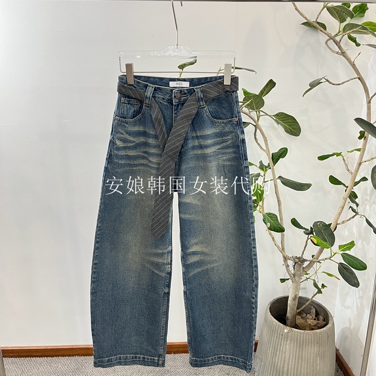 安娘韩国代购PH23东大门女装2025秋季新款显瘦腰带弯刀牛仔裤4654