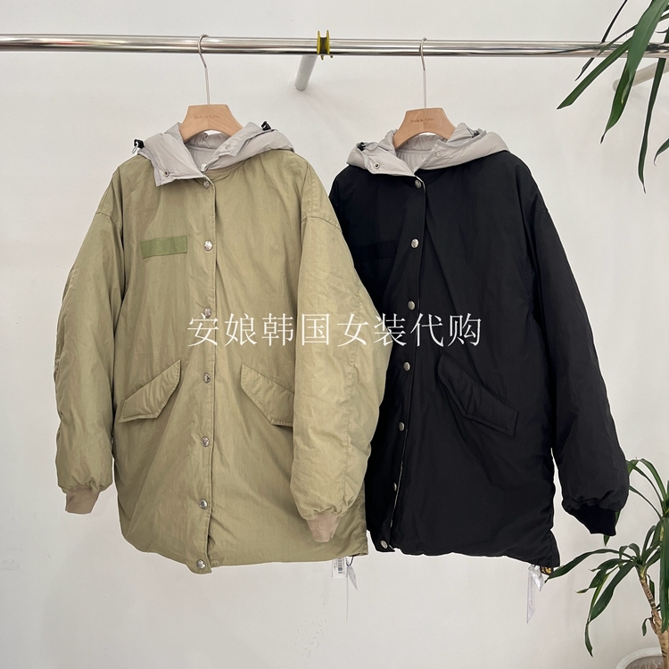 拼接连帽单排扣长袖羽绒服