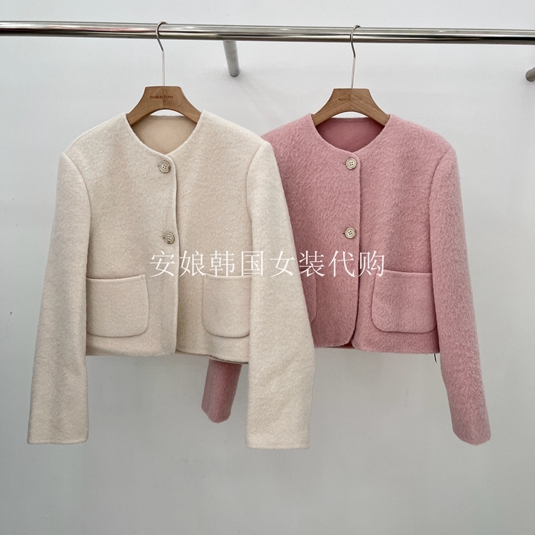 安娘韩国代购东大门女装2025冬季新款时尚圆领单排扣口袋羊毛外套