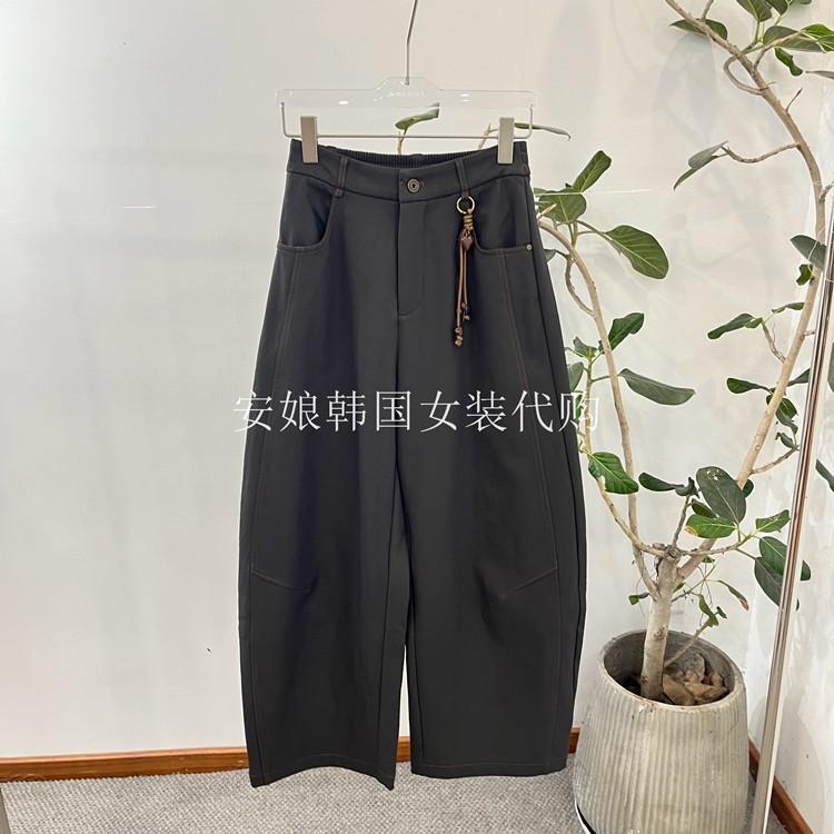 时尚松紧腰吊坠弯刀净色休闲裤