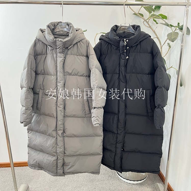 连帽压格白鹅绒中长羽绒服外套