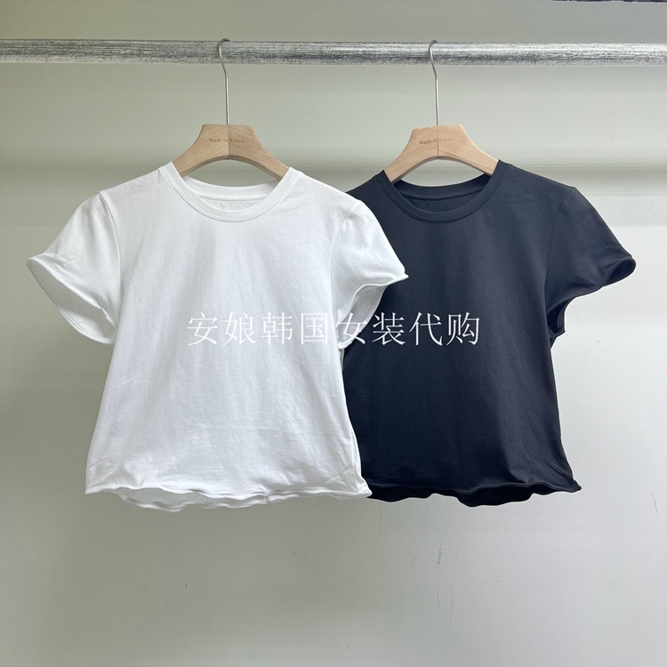 安娘韩国代购设计师女装2025夏圆领短袖净色鱼骨线定型T恤TU0045