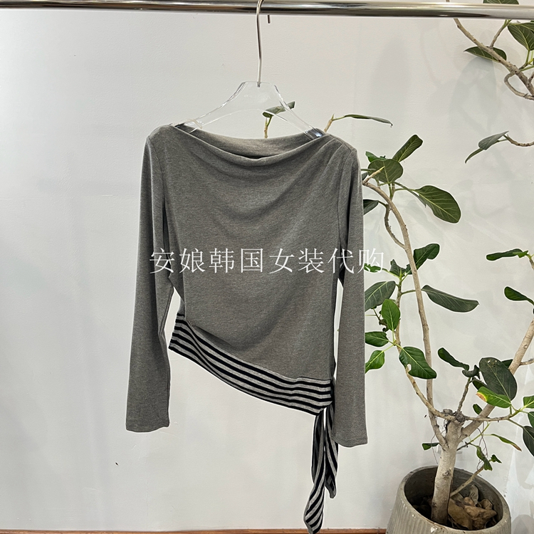 PH23一字领抽皱条纹长袖T恤