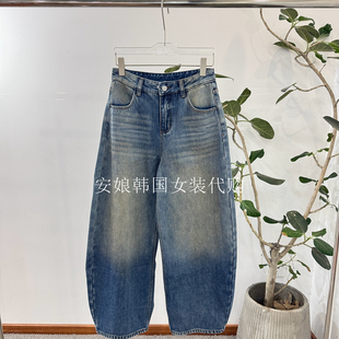 安娘韩国代购东大门女装2025冬季新款时尚高腰做旧加绒弯刀牛仔裤