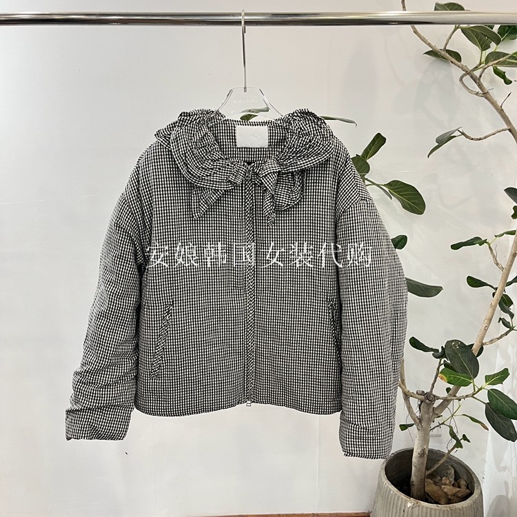 洋气花边领格子宽松棉服外套
