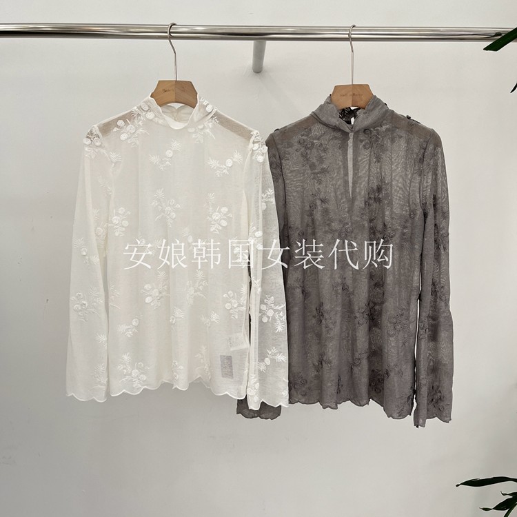 时尚刺绣净色长袖宽松衬衫