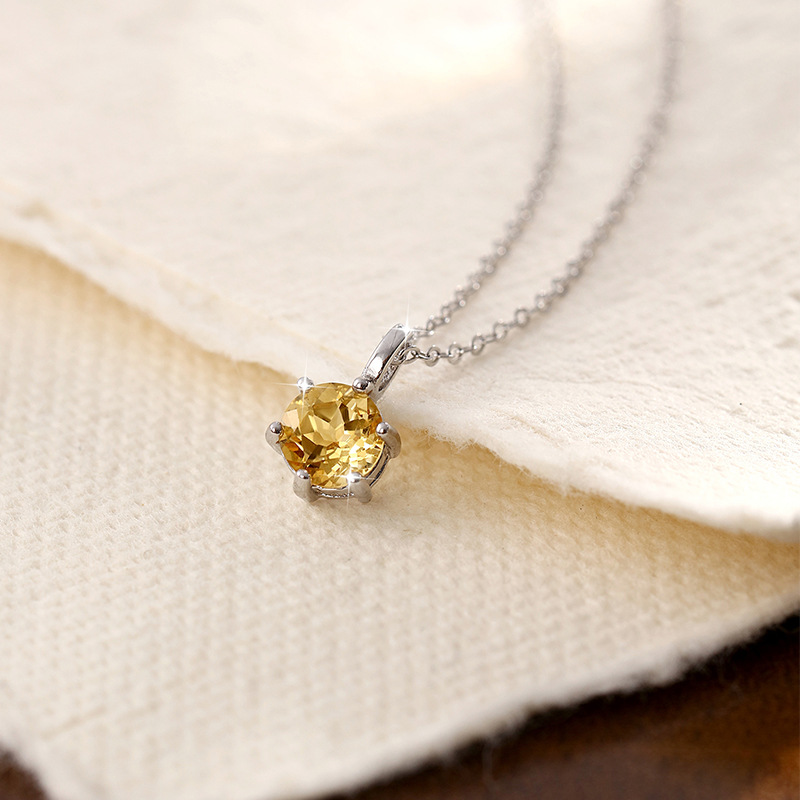 天然水晶石s925纯银项链女小众六爪镶嵌托帕石橄榄石石榴石吊坠