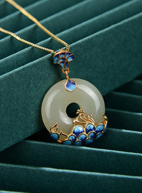 设计款S925纯银天然和田玉吊坠复古景泰蓝山海平安扣女士挂坠