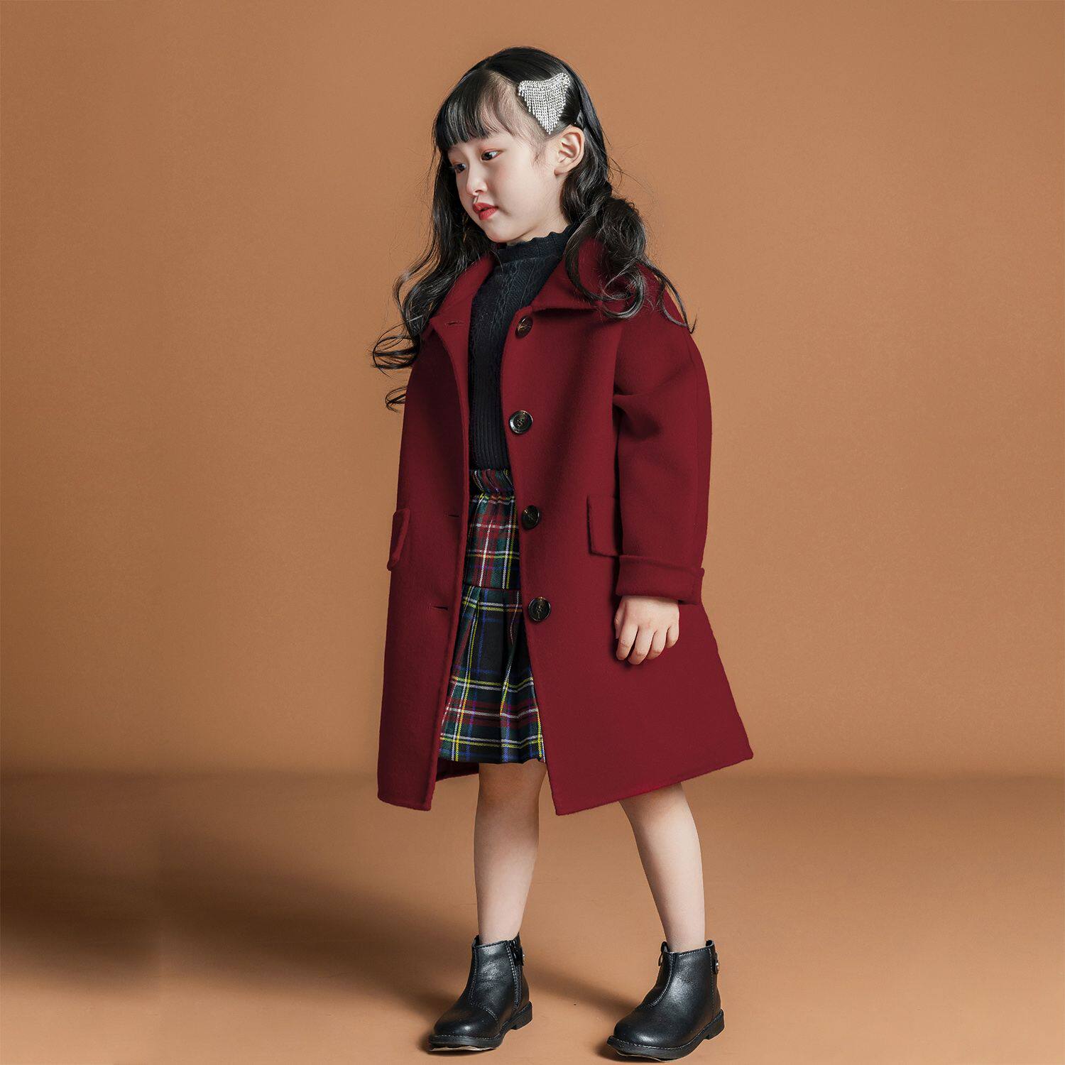 女童外套春秋新款儿童韩版洋气中长款翻领呢子大衣小女孩百搭上衣