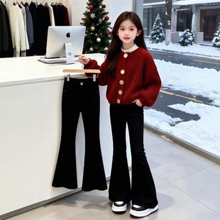 女童牛仔喇叭裤春秋新款儿童松紧腰加绒长裤大童洋气高弹显瘦裤子