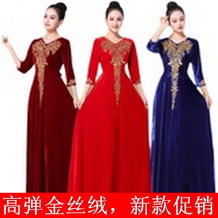 新款成人修身中老年大合唱团指挥礼服装演出高弹金丝绒女时尚长裙