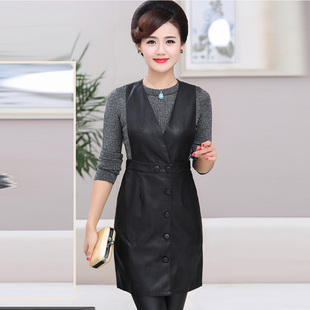 性感V领背心裙PU皮连衣裙修身皮马甲裙子中长款妈妈马夹外套皮衣