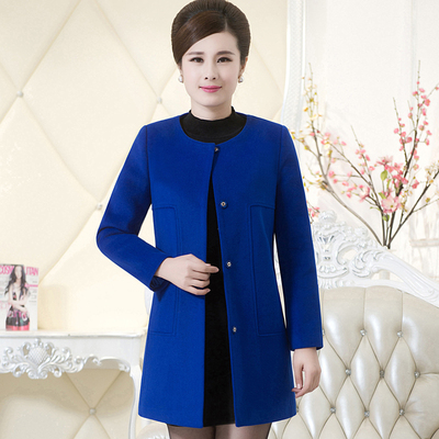妈妈装圆领开衫羊毛呢子大衣女中长款妮外套冬中老年细毛呢外套女