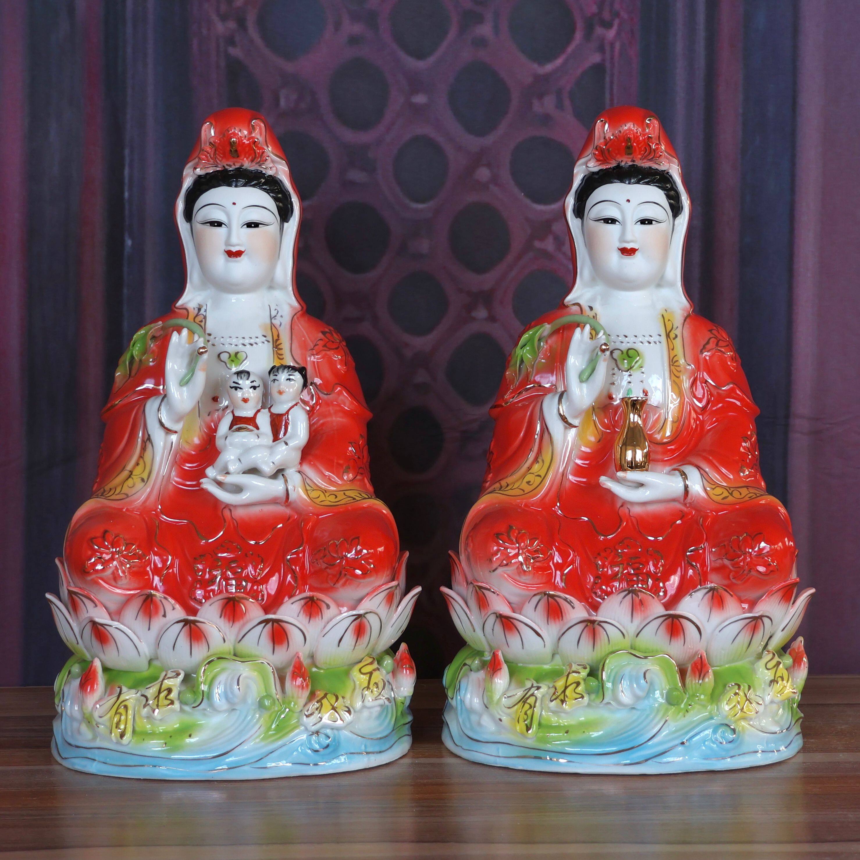 陶瓷高档红衣观音菩萨观世音送子观音菩萨神像家用客厅摆件
