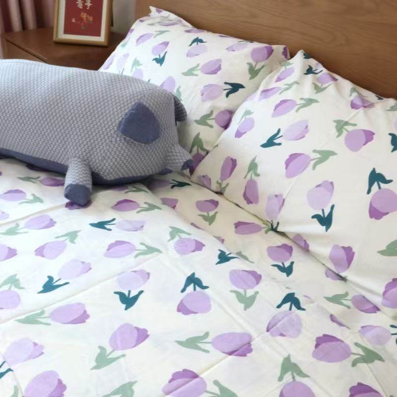 紫色郁金香纯棉小碎花四件套40支斜纹单被套床单印花被罩床笠全棉