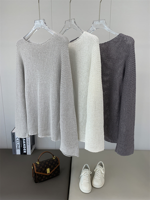 2024亚麻粗编镂空长袖慵懒松弛感上衣女套头休闲百搭针织衫罩衫夏