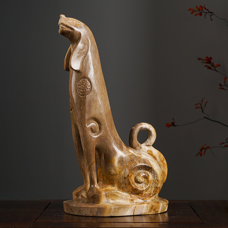 新中式客厅装饰案台摆件博古架软装摆设木化石收藏雕刻旺财犬造型