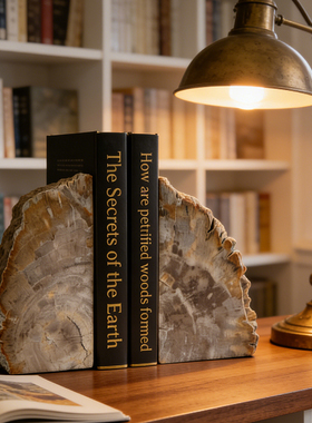 样板房家居办公室书房装饰品木化石摆件 创意树化石书夹书靠书立