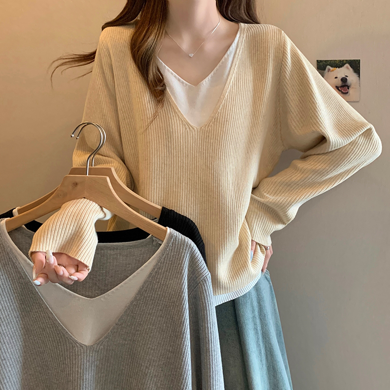 大尺码长袖假两件撞色针织衫秋冬新款V领打底衫胖mm显瘦宽松0928e