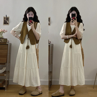 胖MM遮肚显瘦裙子马甲套装 大码 夏季 梨形身材短袖 连衣裙女2025新款