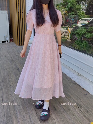 韩版A字印花V领显瘦连衣裙女长裙
