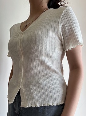 6&8国N单~简约纯色单排扣木耳边气质针织开衫短袖夏装INS风少女